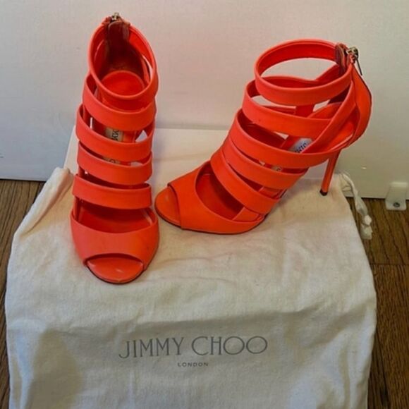 Jimmy Choo Neon Flame Nappa Caged Leather Sandals Heels Size 36.5 US 6.5 - Picture 5 of 16